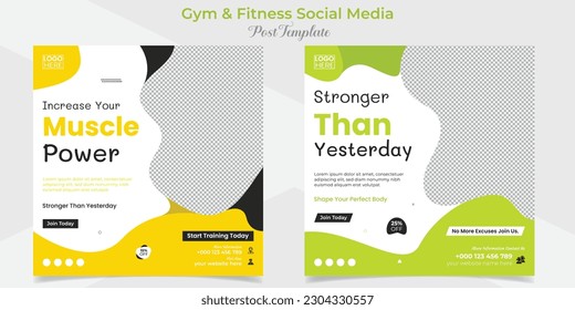 gym and fitness promotional square flyer post banner and social media post template design package
