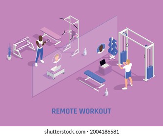 Gym Fitness Remote Personal Training Coach On Laptop Screen Workout Routine For Men Isometric Compositions Vector Illustration