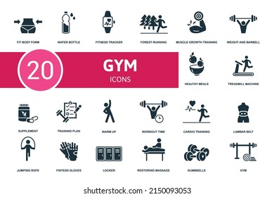 Gym And Fitness set icon. Contains gym and fitness illustrations such as water bottle, forest running, weight and barbell and more.