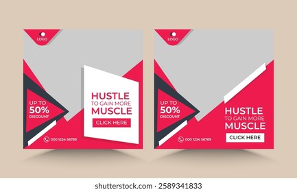 Gym and fitness social media banner template, Workout exercise social media promotional design.