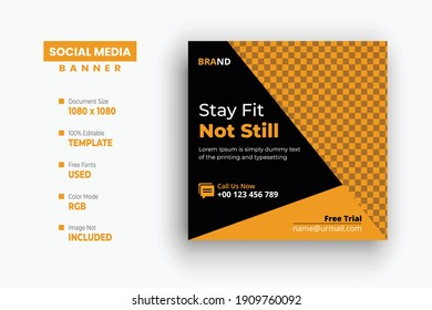 Gym Fitness social media post design template, Sport social media banner template, Fitness gym social media post banner square flyer template. Editable sports yoga digital marketing web banner design