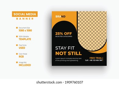Gym Fitness social media post design template, Sport social media banner template, Fitness gym social media post banner square flyer template. Editable sports yoga digital marketing web banner design