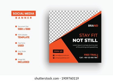 Gym Fitness social media post design template, Sport social media banner template, Fitness gym social media post banner square flyer template. Editable sports yoga digital marketing web banner design