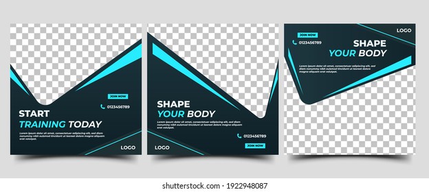 Gym and fitness social media post template. Black background with abstract cyan line color. Flat design vector with a photo collage. Usable for social media, flyers, banners, and web internet ads.