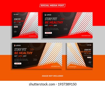 Gym and fitness social media post banner 4 in 1 pack with red and orange color abstract shapes.