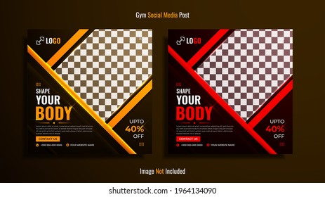 Gym and fitness social media post design pack with yellow and red color shapes on a dark background.