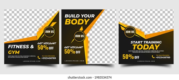 Gym and Fitness Social Media Post Template. Set of Editable banner design with place for the photo. Usable for Social media, Banners, and websites.