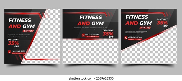 Gym And Fitness Social Media Post Template Design. Set Of Editable Modern Square Banner With Black Color Background And Red Shape. Usable For Social Media Post, Banner, And Website.