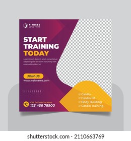 Gym fitness social media post square banner template for start training today fitness banner, social banner post.