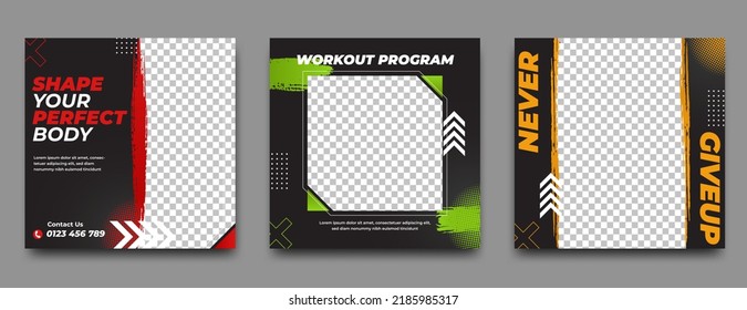 Gym and fitness social media post template design collection. Black background with red, green, and yellow abstract shape.