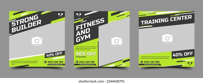 Gym and fitness social media post template design collection. Editable modern square banner with place for the photo. Usable for social media post and web