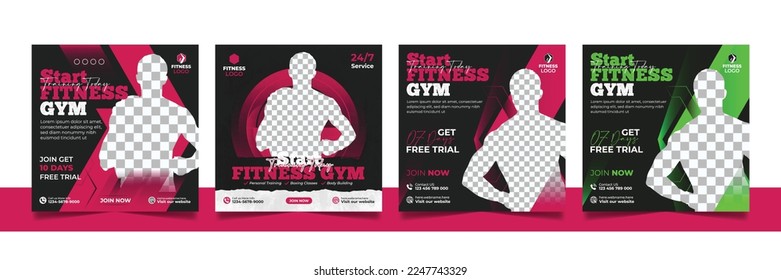 Gym fitness social media post banner template set, Sports social media square banner, Workout exercise social media promotional design.