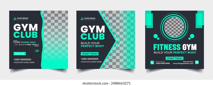 Gym fitness social media post banner template set, Sports social media square banner, gym Workout, fitness exercise social media  promotional design.