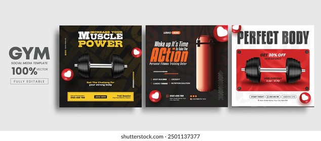 Gym and fitness social media post banner template with gym equipment and modern art paint, fitness subjects, gym vector illustration template.