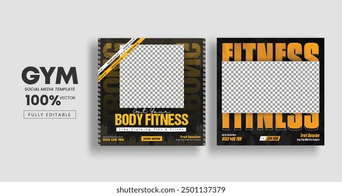 Gym and fitness social media post banner template with gym equipment and modern art paint, fitness subjects, gym vector illustration template.