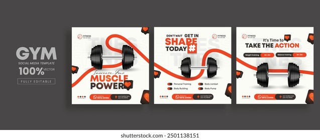 Gym and fitness social media post banner template with gym equipment and modern art paint, fitness subjects, gym vector illustration template.