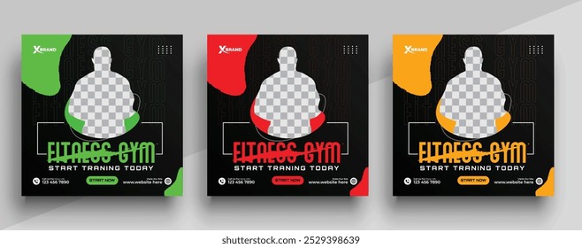 Gym and fitness social media post banner template with black green and yellow color, Sports and Fitness social media post banner
