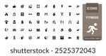 GYM And Fitness solid icon set. Includes dumbbell, gym bag, locker, and More. Filled icon collection, Glyph icons vector collection.