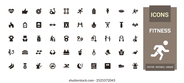 GYM And Fitness solid icon set. Includes dumbbell, gym bag, locker, and More. Filled icon collection, Glyph icons vector collection.