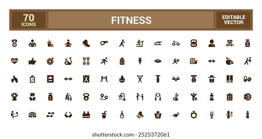GYM And Fitness solid icon set. Includes dumbbell, gym bag, locker, and More. Filled icon collection, Glyph icons vector collection.
