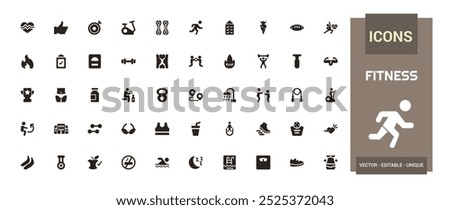 GYM And Fitness solid icon set. Includes dumbbell, gym bag, locker, and More. Filled icon collection, Glyph icons vector collection.