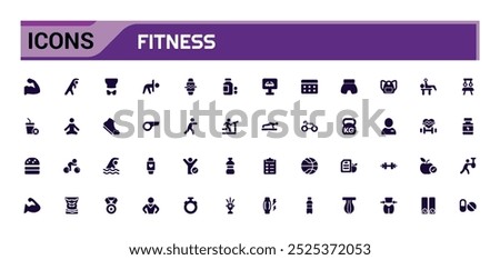 GYM And Fitness solid icon set. Includes dumbbell, gym bag, locker, and More. Filled icon collection, Glyph icons vector collection.