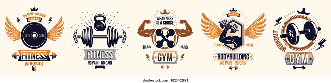 Gym fitness sport emblems and logos vector set isolated with barbells dumbbells kettlebells and muscle body man silhouettes and hands, athletics workout sport club, active lifestyle.