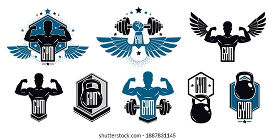 Gym fitness sport emblems and logos vector set isolated with barbells dumbbells kettlebells and muscle body man silhouettes and hands, athletics workout sport club, active lifestyle.