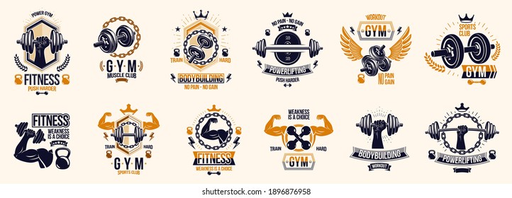 Gimnasio emblemas deportivos y logos conjunto de vectores aislados con campanas de púas y siluetas y manos de hombre de cuerpo muscular, club deportivo de entrenamiento de atletismo, estilo de vida activo.