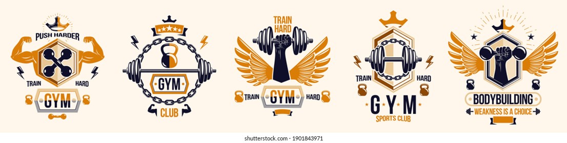 Gym fitness sport emblems and logos vector set isolated with barbells dumbbells kettlebells and muscle body man silhouettes and hands, athletics workout sport club, active lifestyle.