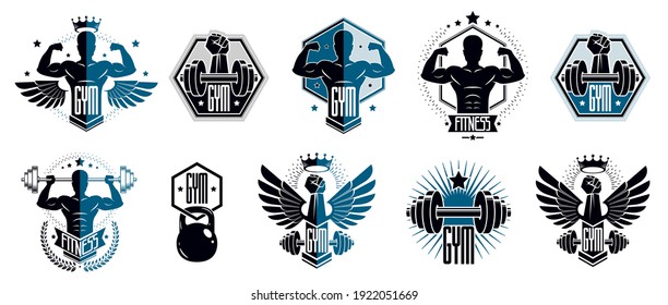 Gym fitness sport emblems and logos vector set isolated with barbells dumbbells kettlebells and muscle body man silhouettes and hands, athletics workout sport club, active lifestyle.