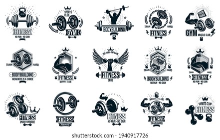Gym fitness sport emblems and logos vector set isolated with barbells dumbbells kettlebells and muscle body man silhouettes and hands, athletics workout sport club, active lifestyle.