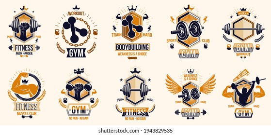 Gym fitness sport emblems and logos vector set isolated with barbells dumbbells kettlebells and muscle body man silhouettes and hands, athletics workout sport club, active lifestyle.