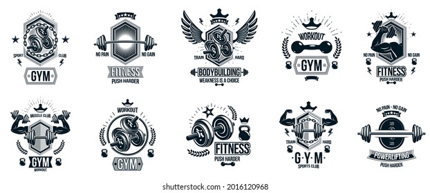 Gym fitness sport emblems and logos vector set isolated with barbells dumbbells kettlebells and muscle body man silhouettes and hands, athletics workout sport club, active lifestyle.