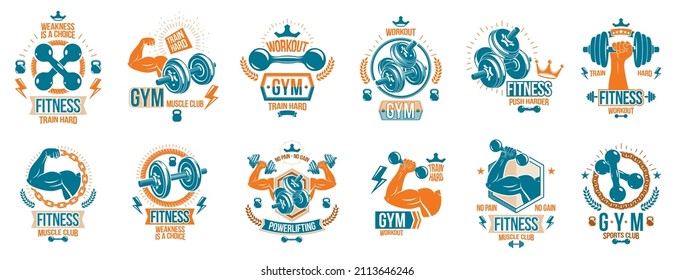 Gym fitness sport emblems and logos vector set isolated with barbells dumbbells kettlebells and muscle body man silhouettes and hands, athletics workout sport club, active lifestyle.