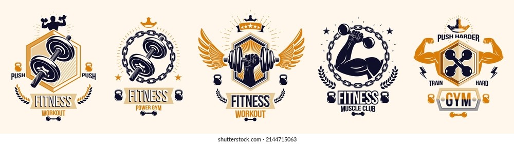 Gym fitness sport emblems and logos vector set isolated with barbells dumbbells kettlebells and muscle body man silhouettes and hands, athletics workout sport club, active lifestyle.