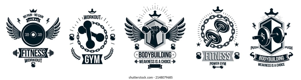 Gym fitness sport emblems and logos vector set isolated with barbells dumbbells kettlebells and muscle body man silhouettes and hands, athletics workout sport club, active lifestyle.