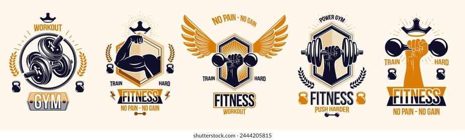 Gym fitness sport emblems and logos vector set isolated with barbells dumbbells kettlebells and muscle body man silhouettes and hands, athletics workout sport club, active lifestyle.