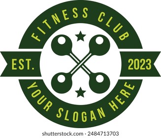 Fitness Fitness Fitness Sport Embleme und Logos Vektorgrafik Set mit Langhanteln Hanteln Kettlebells und Muscle Body Man Silhouetten und Händen, Athletik Workout Sport Club, Active Lifestyle.