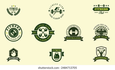 Gym fitness sport emblems and logos vector set isolated with barbells dumbbells kettlebells and muscle body man silhouettes and hands, athletics workout sport club, active lifestyle.