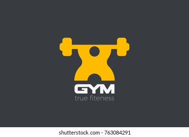 Gym Fitness Sport Logo design vector template. Man with Barbell doing exercise Logotype concept icon.