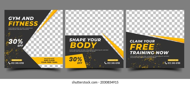 Gym, Fitness, And Sports Social Media Post Template Design. Set Of Modern Square Banner Design With Abstract Yellow Shape. Usable For Social Media, Banner, And Website.