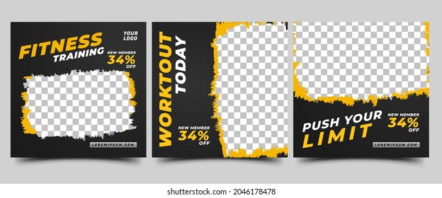 Gym, fitness, and sports social media post template design. Set of Modern square banner design with abstract yellow shape. Usable for social media, banner, and website.