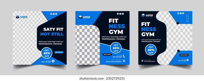 Gym, fitness, and sports social media post template design set. Usable for social media, banner, and website.