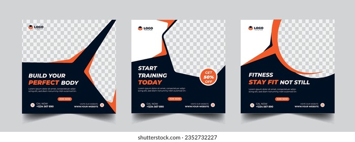 Gym, fitness, and sports social media post template design set. Usable for social media, banner, and website.