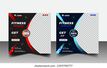 Gym, fitness, and sports social media post template design set. Usable for social media, banner, and website.