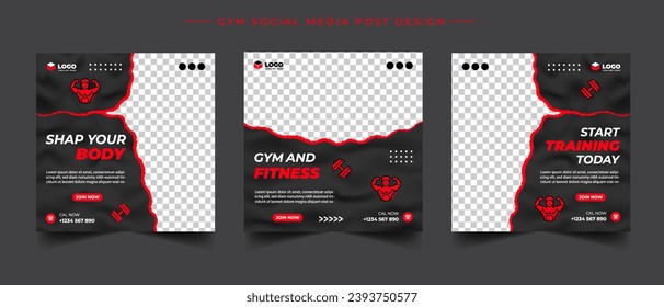 Gym, fitness, and sports social media post template design set. Usable for social media, banner, and website.