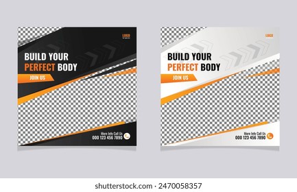 Gym, fitness, and sports social media post template design. Gym square social media post banner. Editable abstract modern square promotion banner with place for the image.