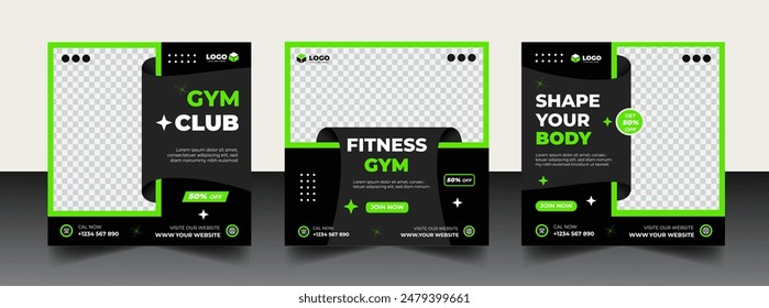 Gym, fitness, and sports social media post template design set. Usable for social media, banner, and website.	
