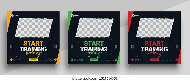 Gym And Fitness Sports Social Media Post Banner Set Template, Modern Sports Gym , Fitness Social Media Post Banner For Promotion, Vector
